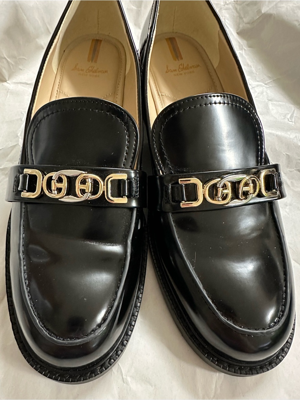 EUC Sam Edelman Black Patent Christy Loafers with Two-Tone Chain Detail Size 10M - Picture 8 of 15